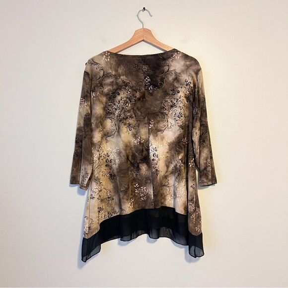 Dressbarn Brown Floral Ruffle V-Neck Blouse Top Plus Size 2X 3/4 Sleeve Y2K - Picture 4 of 8